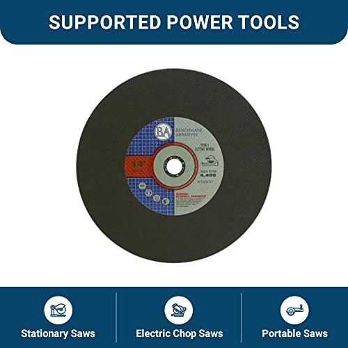 Benchmark Abrasives Aluminum Oxide Type 1, 14 Inch Chop Saw Blade, Cutting Wheel with 3/32" X 1" Arbor, Fast Circular Saw Blades for Cutting Metal Steel Drywall - Grinding Wheel - 10 Pack