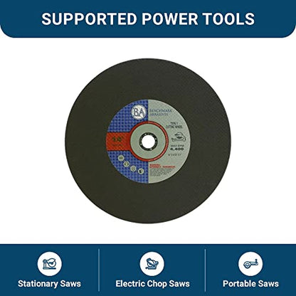 Benchmark Abrasives Aluminum Oxide Type 1, 14 Inch Chop Saw Blade, Cutting Wheel with 3/32" X 1" Arbor, Fast Circular Saw Blades for Cutting Metal Steel Drywall - Grinding Wheel - 10 Pack