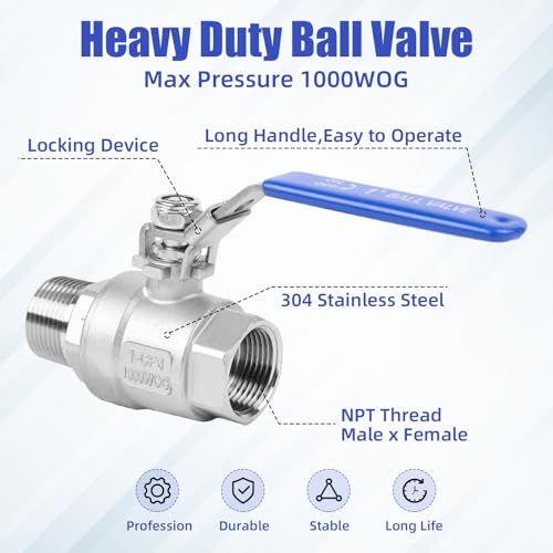 YADIAN 4 Pack 304 Stainless Steel 1'' Ball Valve Heavy Duty Full Port NPT Male x Female with Blue Vinyl Insulation Handle and Locking Device for Water, Oil, and Gas, 1000WOG (1inch NPT, Pack of 4) - size: 1''