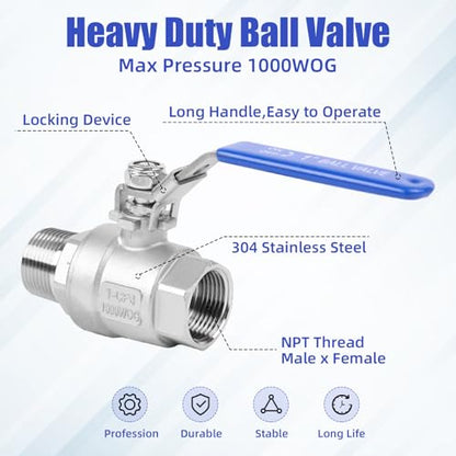 YADIAN 4 Pack 304 Stainless Steel 1'' Ball Valve Heavy Duty Full Port NPT Male x Female with Blue Vinyl Insulation Handle and Locking Device for Water, Oil, and Gas, 1000WOG (1inch NPT, Pack of 4) - size: 1''
