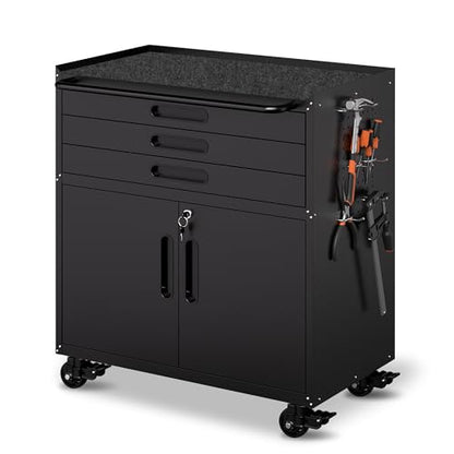 Metal Mobile Tool Storage Cabinet with 2 Locking Door and 3 Drawer - color: Black, style: 2 doors 3 drawer with wheels