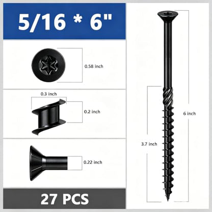 Wensilon 5/16 * 6" Black Deck Screws 27pcs 2lbs 8x150mm Lag Screws - color: Black, size: 5/16*6"