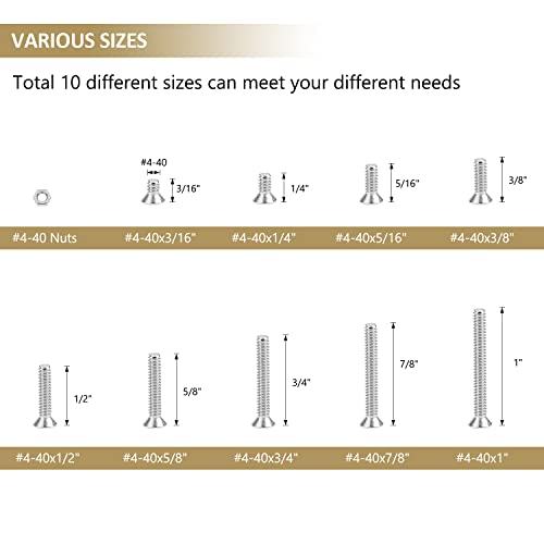 242 Pieces #4-40x 3/16", 1/4", 5/16", 3/8", 1/2", 5/8", 3/4", 7/8", 1", Phillips Countersunk Head Machine Screws Nuts Assortment Kit, 304 Stainless Steel, Fully Machine Thread - size: #4-40