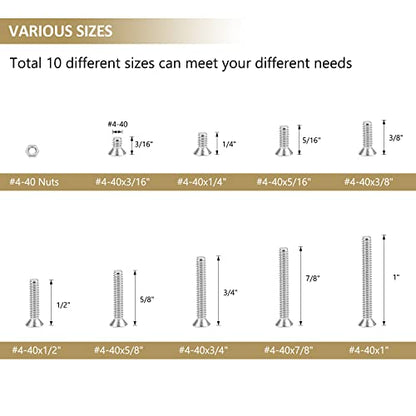 242 Pieces #4-40x 3/16", 1/4", 5/16", 3/8", 1/2", 5/8", 3/4", 7/8", 1", Phillips Countersunk Head Machine Screws Nuts Assortment Kit, 304 Stainless Steel, Fully Machine Thread - size: #4-40