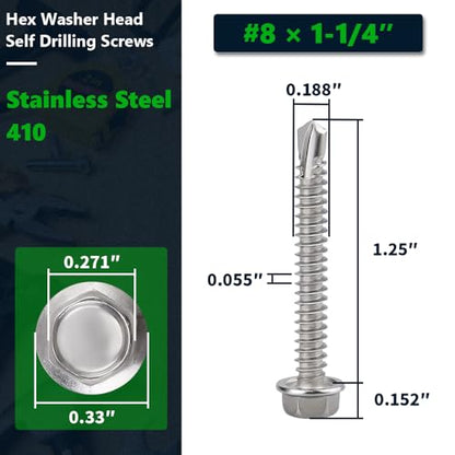 #8 x 1-1/4" Flanged Hex Head Self Drilling Screws for Sheet Metal (50 pcs), Corrosion Resistant 410 Stainless Steel, No Pre-Drilling, Flange Hex Drive Self Tapping Screw - size: #8 x 1-1/4"