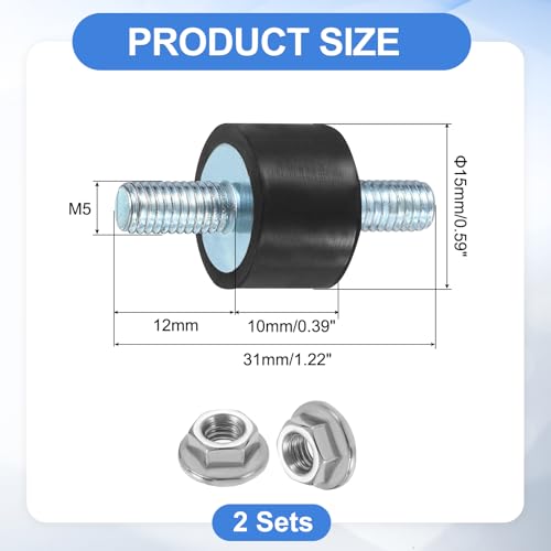uxcell 2Pcs M5 x 12mm Rubber Mounts, 10 x 15mm Cylindrical Anti Vibration Isolator Studs Shock Absorber Double Studs with Nuts for Car Bobbin Generator Air Compressors - size: M5 x 12mm, 10 x 15mm