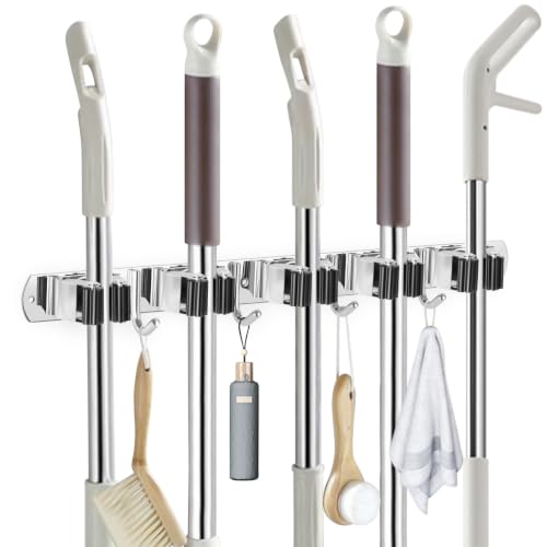 IMILLET Broom Holder Wall Mount Stainless Steel Mop Organizer - color: Stainless Steel - 5 Racks with 4 Hooks, size: 1 Pack