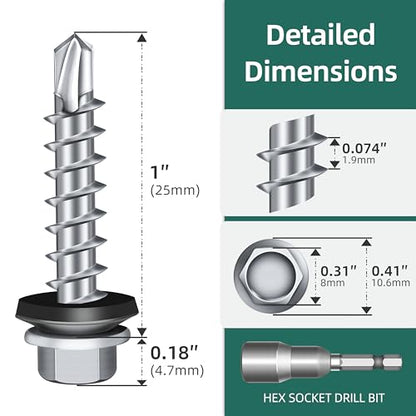 100-pack #10 x 1 Hex Head Self-Drilling Metal Roofing Screws with EPDM Washer, Zinc Plated Wood Screws, Self Tapping Sheet Metal Roof Screws (Diamond Point) - color: Silver, size: #10 x 1"