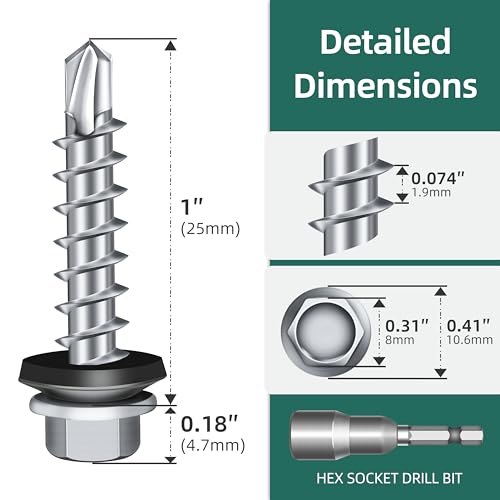 100-pack #10 x 1 Hex Head Self-Drilling Metal Roofing Screws with EPDM Washer, Zinc Plated Wood Screws, Self Tapping Sheet Metal Roof Screws (Diamond Point) - color: Silver, size: #10 x 1"