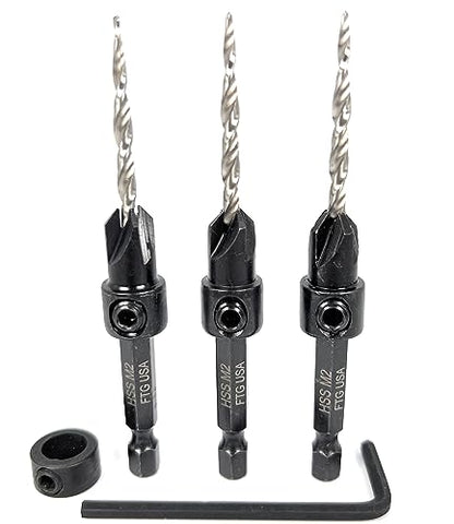 FTG USA #6 (9/64") Wood Countersink Drill Bit 3-Pc Set with 3/8" Depth Stop - size: #6, style: 3 Pc with Depth Stop