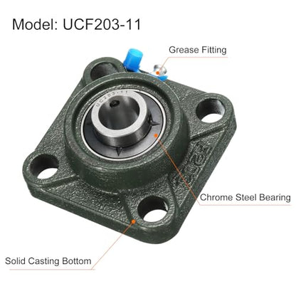 uxcell 2pcs UCF203-11 Pillow Block Bearings 11/16 inch Bore Self Alignment, Solid Cast Iron Base Square Flange Mounted Chrome Steel Bearings - size: UCF203-11
