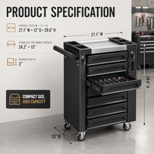 7-Drawer Rolling Tool Chest, Tool Box Lockable Metal Tool Cabinet with Side Storage Cabinet, Ball Bearing Slides Steel Organizer,Heavy-Duty Powder-Coated Tool Cart for Garage Workshope, Black