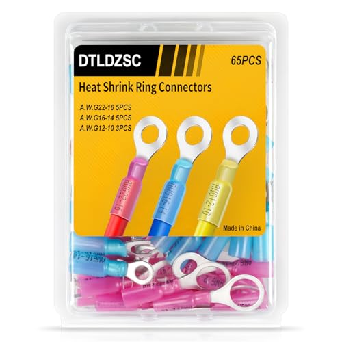 65PCS Marine Grade Heat Shrink Wire Connectors-Electrical Connectors Kit of Tinned Red Copper,Crimp Insulated Ring Fork Spade Butt Splice AWG22-16 16-14 12-10 Gauge (65pcs Kit, AWG 22-10) - size: AWG 22-10, style: 65pcs Kit