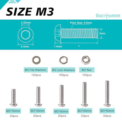 M3 Button Head Socket Cap Screws Bolts Washers Nuts Assortment Kit - size: Button M3x30/35/40/45/50 mm