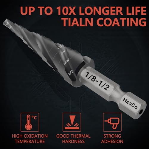 M35 Four Spiral Flute Cobalt Step Drill Bit, 1/8"-1/2", - size: M35 Cobalt 1 Piece (1/8"-1/2", 13 Steps)