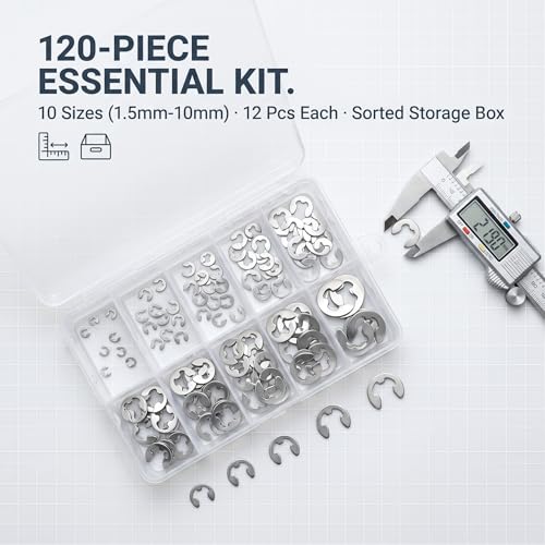 120PCS E Clip Washer, 1.5mm‑10mm Stainless Steel External Retaining Ring, E Clips Assortment Kit | Circlip Assortment Kit for Indoor Outdoor