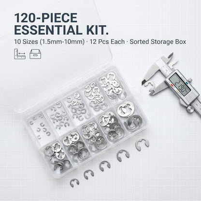 120PCS E Clip Washer, 1.5mm‑10mm Stainless Steel External Retaining Ring, E Clips Assortment Kit | Circlip Assortment Kit for Indoor Outdoor