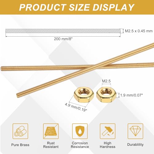 uxcell Brass Fully Threaded Rod, M2.5x0.45mm Pitch Right Hand Threads Studs with Solid Brass Hex Nuts, 200mm/8 Long Threaded Screw Rods Fasteners for Anchors Bolts Hangers Clamps - size: M2.5x0.45mmmm200mm