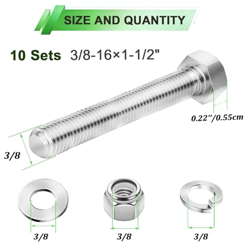 10 Sets 3/8-16×1-1/2" Stainless Steel Hex Head Screws Bolts, Nuts, Flat & Lock Washers,18-8(304) Full Thread - color: Silver-hex, size: 3/8-16×1-1/2"(10 sets)