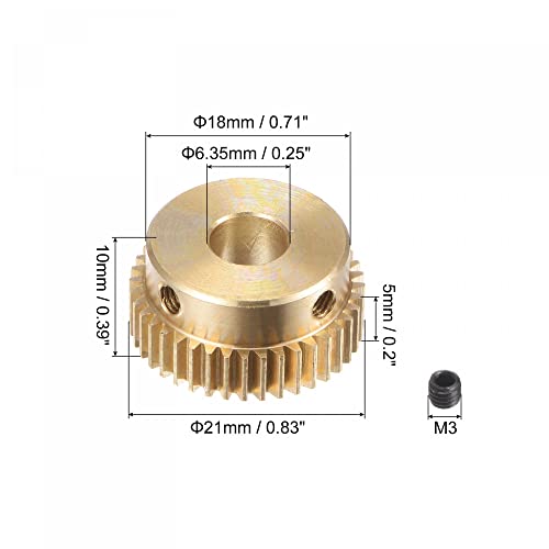 uxcell Pinion Gear Set, Brass Motor Rack Straight Spur Gear with Step, 0.5 Mod 40T 6.35mm Bore 21mm Outer Dia, M3 Set Screws Included