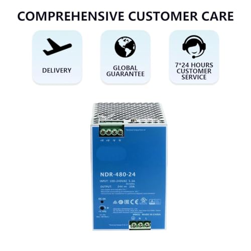 NDR-480-24 24V 20A 480W DIN Rail Industrial Power Supply with Active PFC, 90-264VAC Input, Short Circuit/Overload Protection for Automation Systems