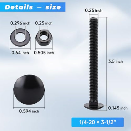 Glvaner (10 Sets) 1/4-20 x 3-1/2" Stainless Steel Carriage Bolts Screws Black and Hex Nuts & Flat Washers Black, Round Head Square Neck, 304 Stainless Steel 18-8, Full Thread Coverage - size: 1/4-20 x 3-1/2"