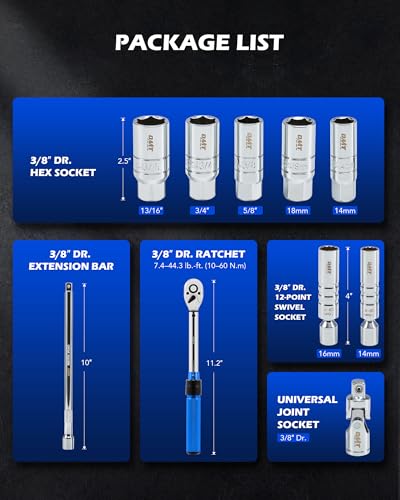 OMT 10pc 3/8" Drive Spark Plug Socket Set With 72-Tooth Torque Wrench - size: 10pc Pro Set
