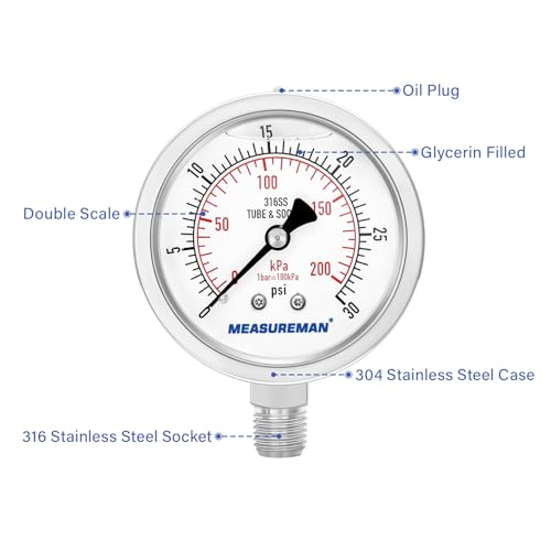MEASUREMAN Fully Stainless Steel Hydraulic Glycerin Filled Pressure Gauge, 2-1/2" Dial Size,0-30psi/kpa,1/4" NPT Lower Mount - size: 0-30 psi, style: Lower Mount(100% Stainless Steel)