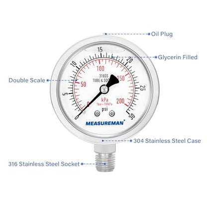 MEASUREMAN Fully Stainless Steel Hydraulic Glycerin Filled Pressure Gauge, 2-1/2" Dial Size,0-30psi/kpa,1/4" NPT Lower Mount - size: 0-30 psi, style: Lower Mount(100% Stainless Steel)