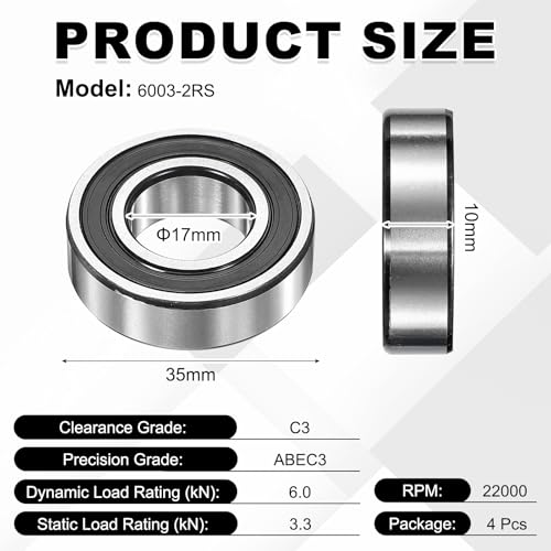 uxcell 4Pcs 6003-2RS Deep Groove Ball Bearings, 17x35x10 mm High Speed Double Rubber Seal Bearings Pre-Lubricated and Stable for Industrial Machinery Repairs 3D Project - size: 6003-2RS(17x35x10 mm)