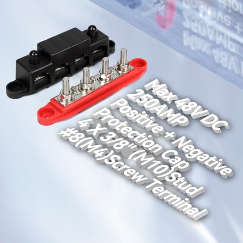 Heart Horse Bus Bar 12V-48V 250A Power Distribution Block 4 x 3/8"(M10) Heavy Duty Studs Terminal Marine 12V Battery Bus Bar Junction Block for Automotive,Car,RV,Boat,Solar Wiring (Red+Black) - size: 3/8''