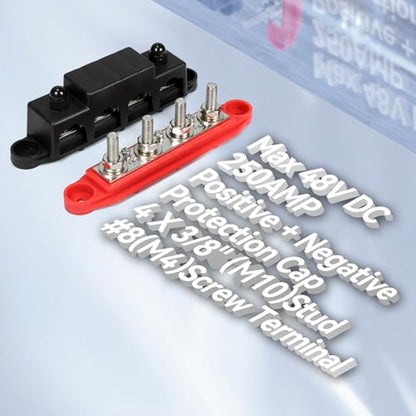 Heart Horse Bus Bar 12V-48V 250A Power Distribution Block 4 x 3/8"(M10) Heavy Duty Studs Terminal Marine 12V Battery Bus Bar Junction Block for Automotive,Car,RV,Boat,Solar Wiring (Red+Black) - size: 3/8''