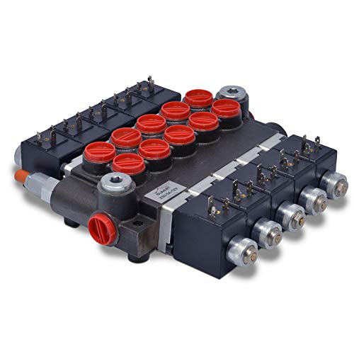 Summit Hydraulics Hydraulic Monoblock Solenoid Directional Control Valve, 5 Spool, 13 GPM, 12V DC, Cast Iron Body, Chrome Finish