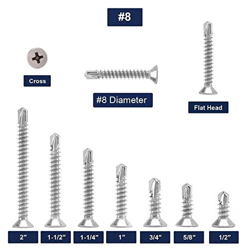 #8 x 2 Sheet Metal Screws 100Pcs 410 Stainless Steel Flat Head Tek Screws Fast Self Tapping Screws by SG TZH - size: #8 x 2"