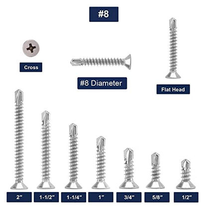#8 x 1-1/2" Sheet Metal Screws 100Pcs 410 Stainless Steel Flat Head Tek Screws Fast Self Tapping Screws by SG TZH - size: #8 x 1-1/2"