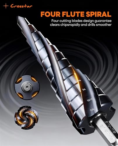 Crosstar 2Pc M35 Cobalt Step Drill Bit Set,3/16"-7/8",1/4" Hex Shank Unibit - size: 2pcs four flute