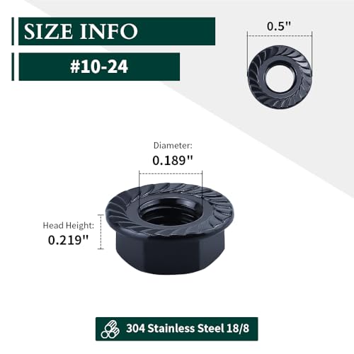 #10-24 Hex Head Serrated Flange Nuts, 304 Stainless Steel 18-8 Hexagon Head Flange Nuts for Home Automotive DIYer, Black Oxide Finish, Hex Drive, 50 PCS - size: #10-24