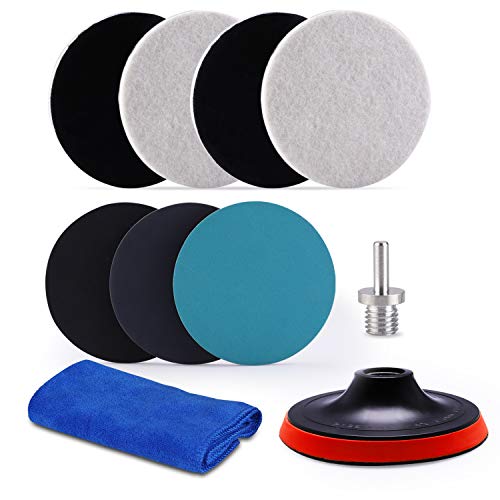 5Inch Glass polishing Pads, 10Pcs Wool Felt Disc Glass Polishing Kit Buffing Pads Sanding Discs with Backing Pad and M14 Drill Adapter for Rotary Tools Polish Glass and Metal