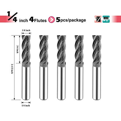 SPEED TIGER Micrograin Carbide Square End Mill - 4 Flute - ISE1/4 4T (5 Pieces, 1/4") - for Milling Alloy Steels, Hardened Steel, Metal & More – Mill Bits Sets for DIYers & Professionals - size: 1/4 in