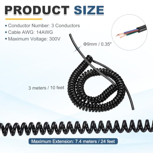 MECCANIXITY 10ft 14AWG Retractable Coiled Coil Cord, 300V 105℃ 3 Conductor - size: 10ft x14AWG, 3 Conductor