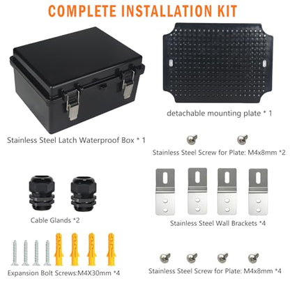 Electrical Junction Box, IP67 Waterproof Outdoor Box ABS Plastic Enclosure with Stainless Steel Latches & Brackets, Hinge Black Cover Project Box with Mounting Plate Outer size8.7"x6.7"x4.3" - color: Black, size: 8.7"x6.7"x4.3"