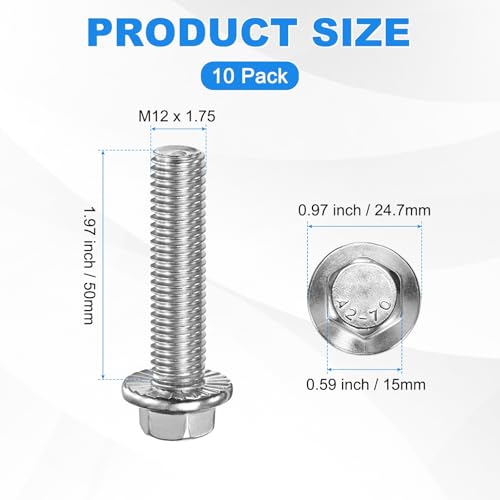 M METERXITY 10 Pack Flanged Hex Head Bolts, M12 x 50mm 304 Stainless Steel External Hex Drive Screws, Metric Fully Threaded Screw for Furniture Car DIY Project [Silver Tone] - size: M12 x 50mm