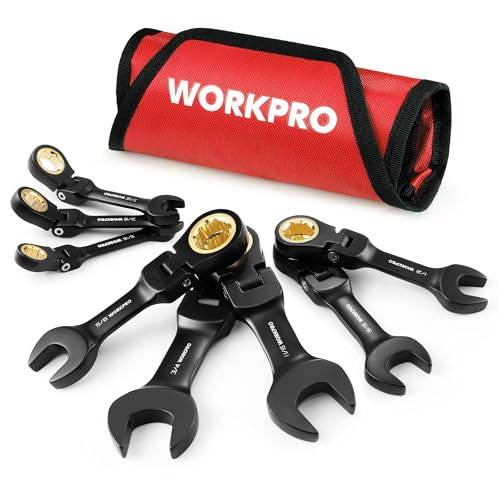 WORKPRO 8-Piece Stubby Flex-Head Ratcheting Wrench Set, SAE 5/16-3/4 in - size: SAE, style: Black electroplating coating