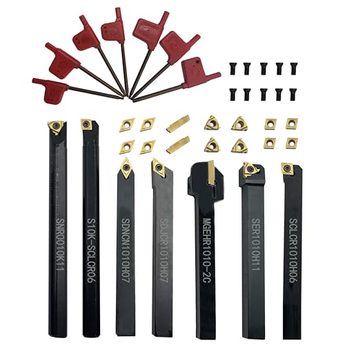 Indexable Lathe Turning Tool 3/8”10mm 7PCS Metal Lathe Tools+21PCS Carbide Inserts，Carbide Lathe Tools ，Lathe Tools，Hard Alloy Cutting Tools and Blades Used and Boring mini Lathe Tools+10pcs Screw