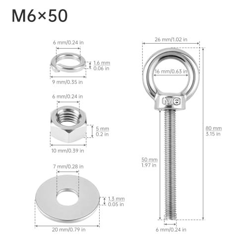 2Pcs M6 Stainless Steel Eye Bolts with Nuts, 1/4" x 2" for Hang Tie Down - size: M6x50mm (1/4"x2")