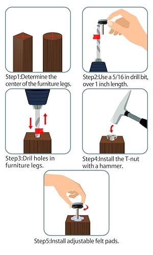 HUAYY 12 Pack Adjustable Furniture Leveling Feet, 1/4-20 Threaded Stem, Integrated Felt Pads for Hardwood Floors, Fit Table Chair Cabinet Sofa Legs, Brown Base with Gray Felt - size: 1 in(12 Pack)