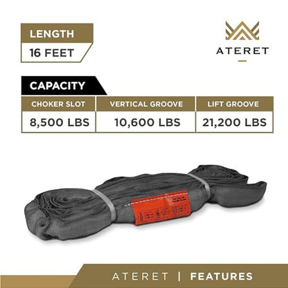 ATERET Powerlift Grey Polyester Endless Round Sling - 16 Feet Length, 10,600 lb. Vertical Capacity, 21,200 lbs Basket - Heavy Duty Poly Lifting Sling - color: 04 Grey - Vertical Capacity 10,600 lbs, size: 16FT
