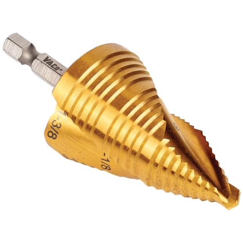 Klein Tools 25960 Step Drill Bit, 7/8 to 1-3/8-Inch, Spiral Double-Fluted, Cut Thin Metal, Plastic, Aluminum, Wood, 1/4-Inch Hex Shank, VACO