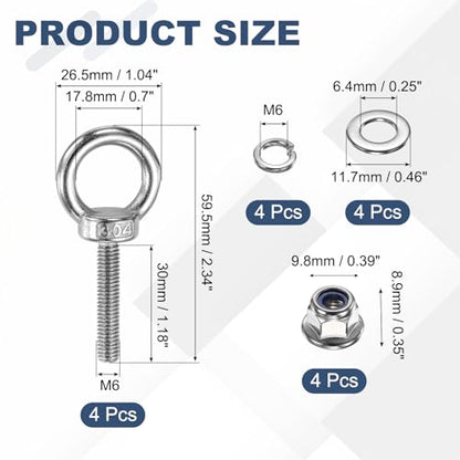 PATIKIL M6 x 30mm Shoulder Eye Bolt, 4 Pcs 304 Stainless Steel Lifting Ring Threaded Eye Bolt with Flange Lock Nuts Spring and Flat Washers for Hanging Tie Down Straps Outdoor Indoor - size: M6 x 30mm