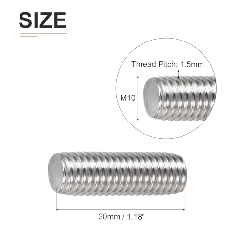 DTGN M10x1.5x30mm(DxPxL) Fully Threaded Rod - 5Pack - Good for Machinery - 304 Stainless Steel Right Hand Thread Rods Bar Studs - Silver - size: M10x1.5x30mm